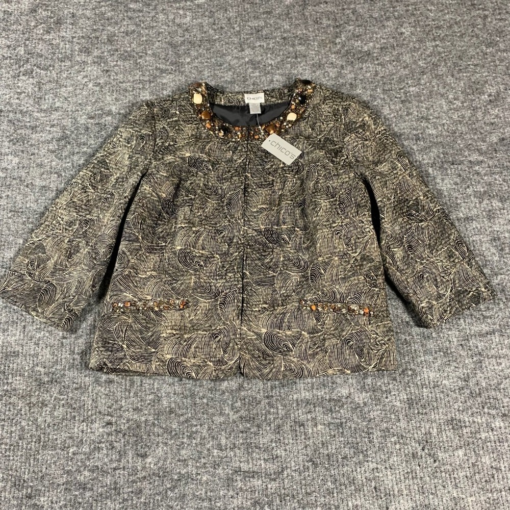 Chicos Jacket Womens 2 Black Jewels Rhinestone Silk Blend 3/4 Sleeve Luxury NWT